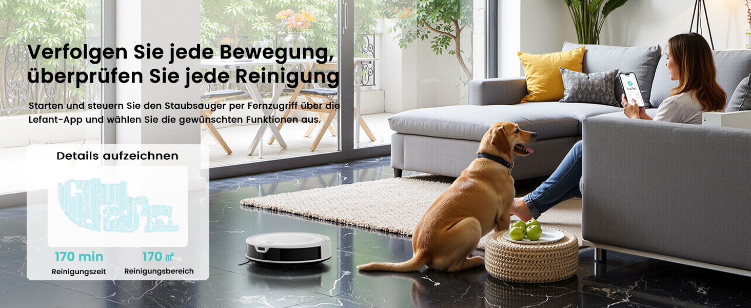 Робот-пилосос LEFANT M2 з функцією миття, 6000Pa, LiDAR-навігація, зони заборони, керування через APP/Alexa, для шерсті тварин, килимів та твердих підлог (M310 Ultra-W)