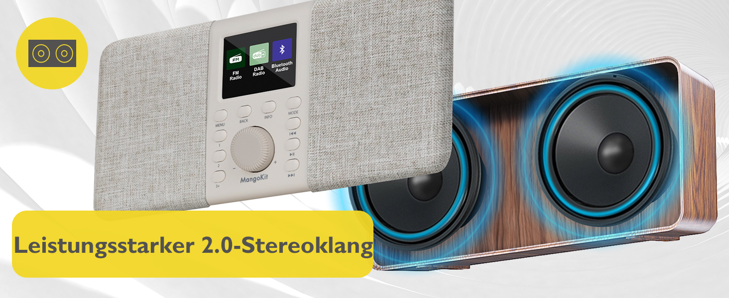 MD5 Стерео Радіо DAB з Bluetooth 5.3 та 2.4' дисплеєм, Портативне цифрове радіо UKW, Стереозвук 2.0, 40 місць пам'яті, Будильник, Повторний будильник та режим сну, USB-C живлення (мережа або батарея) (Волоський горіх)