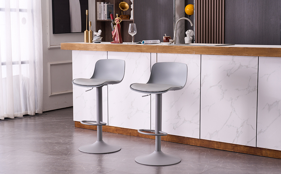 YOUNIKE Adjustable Bar Stools 2-Pack - Kitchen Bar Chairs with Backrest, Faux Leather, Grey