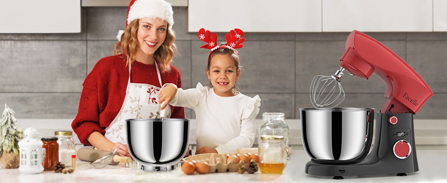 Кухонна машина-міксер Facelle 1500W з 5.5L та 4.5L чашами, 10+ програм, тиха робота, з набором насадок (червоно-сіра)