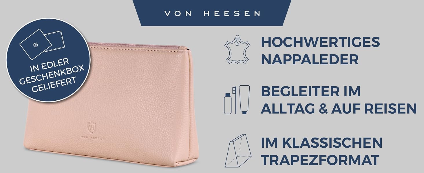 Шкіряна косметичка VON HEESEN для жінок та чоловіків, дорожня сумка для аксесуарів та засобів гігієни з натуральної шкіри, колір Rose