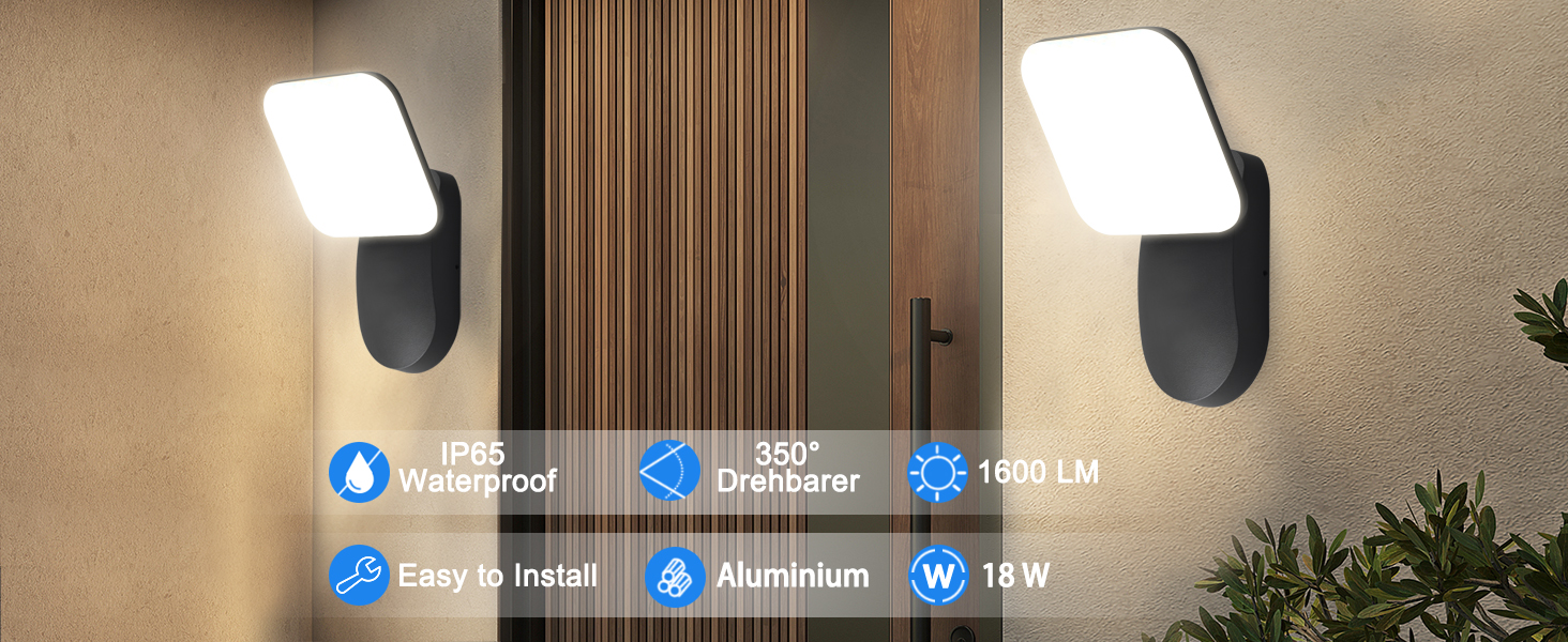 LED вуличний світильник на стіну, IP65, алюміній, 18W, 1600LM, 3000K, тепле біле світло для дому, гаража, саду, тераси