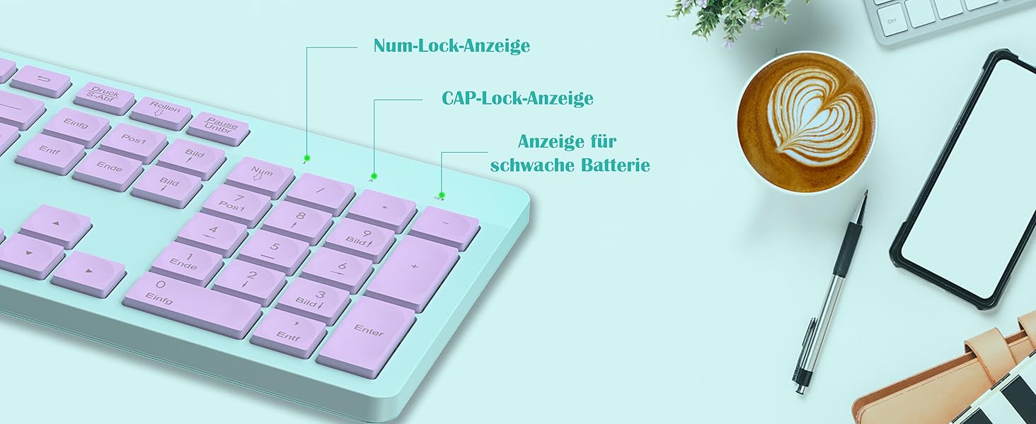 Бездротовий комплект клавіатури та миші Leadsail K786 з цифровою клавіатурою QWERTZ (німецька) - тиха клавіатура, 2.4 GHz, USB Nano приймач для ПК/ноутбука (багатобарвний)