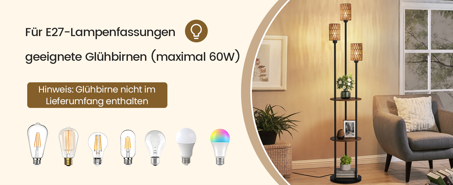 Стельова лампа для вітальні з полицею, 3-лампова торшер з етажеркою у стилі вінтаж, бохо торшер з дерева з вимикачем на ніжці, патрон E27, ретро-дизайн у кольорах коричневого та бежевого, ZEF53LDD05 (Ротанг, Чорний)