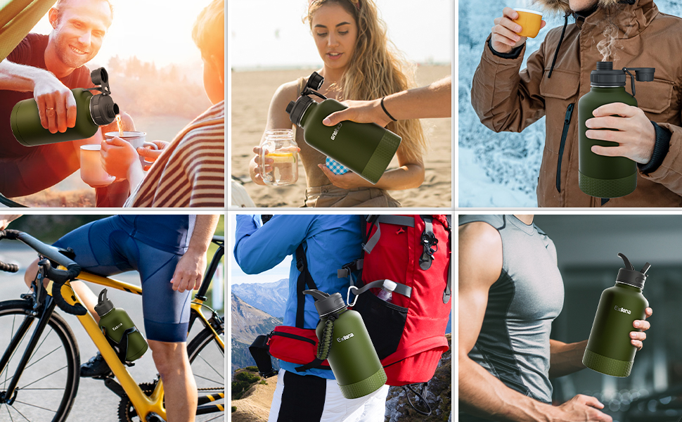 2L Stainless Steel Water Bottle with Straw, Double-Insulated Water Bottle 2 Liter with Two Lids and Protective Silicone Boot, Practical Paracord Handle for Carrying - (1893 ml, Green)