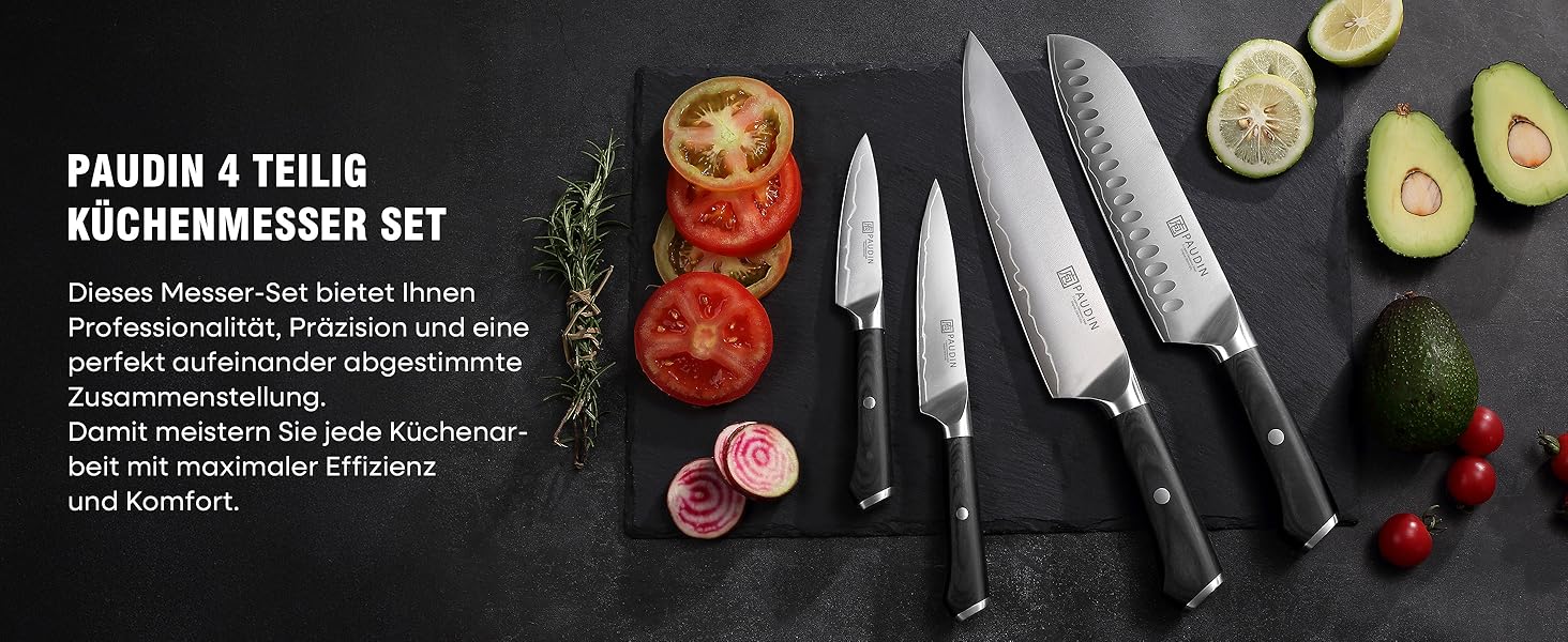 Набір кухонних ножів PAUDIN 4 шт: кухонний ніж, саторі, універсальний ніж, ніж для овочів. Професійний, гострий, з нержавіючої сталі 10Cr15CoMoV (твердість 62 HRC), з ергономічною дерев'яною ручкою