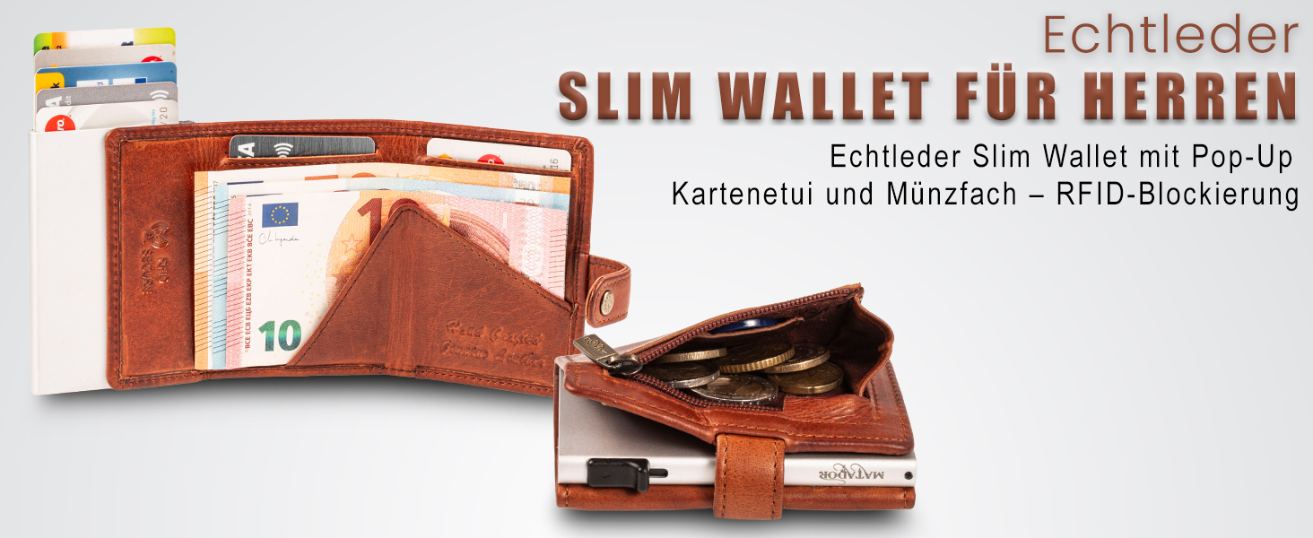 Гаманець Matador Slim Miami RFID захист – шкіряний картхолдер з механізмом висування карт, міні-гаманець чоловічий з монетником, Nappa чорний