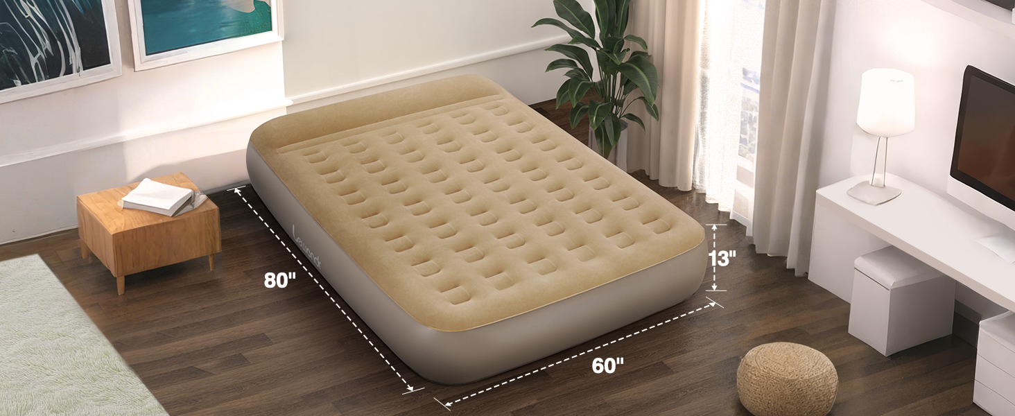 Надувне ліжко Lewondr на 2 особи з вбудованим насосом, комфортна повітряна матрац, самонадувна ліжко для кемпінгу, дому, гостей, подорожей (300 кг MAX), (203x152x33 см, Хакі)