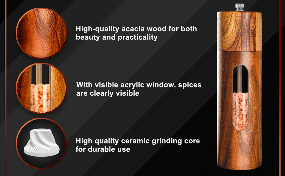 Механічна водяна млин для перцю та солі, набір 2 шт. з регулюванням помелу, керамічний жорно, з підставкою, 21.5 см