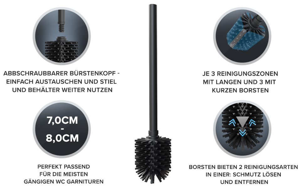 Набір для чищення посуду Lindoya: 2 ручки та 2 насадки | Чорний | Нержавіюча сталь | Силіконова щітка | Ø 7,5-8,5 см