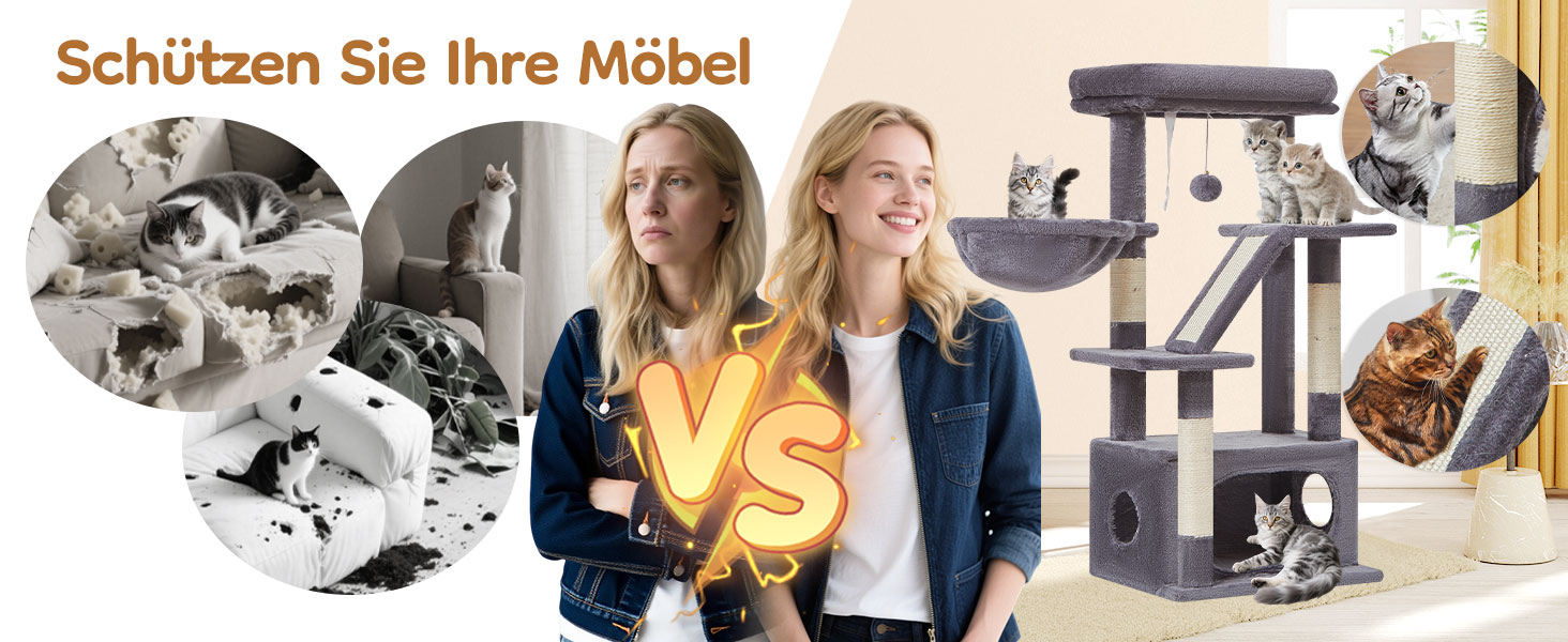 Дерев'яний кігтеточки Taoqimiao Klein 98 см - котячий будиночок з корзиною та 4 стовпчиками, MS029SW (темно-сірий)