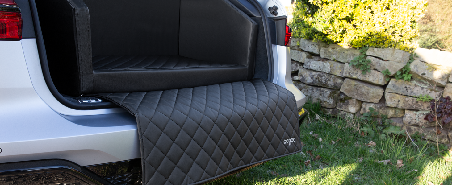 CopcoPet Автомобільне ліжко для собак у багажник, 110x90x38 см, штучна шкіра, захист багажника, водовідштовхувальне, стійке до подряпин, нековзне, міцне з захисним покривалом, чорне, 110 x 90 см