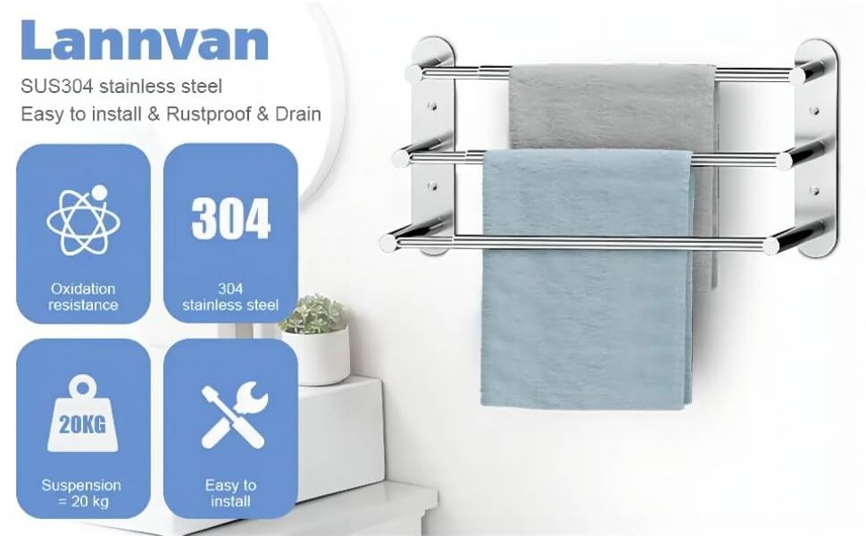 Тримач для рушників Lannvan без свердління, висувний 37-70см, нержавіюча сталь, для ванної кімнати та кухні, 2 способи встановлення, сріблястий