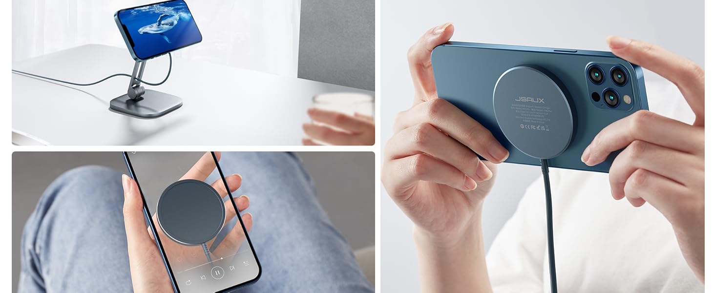 Бездротовий зарядний пристрій JSAUX MagSafe 15W, сумісний з iPhone 17 Air Pro Max, iPhone 16/15/14/13/12, AirPods 3/2, блакитний