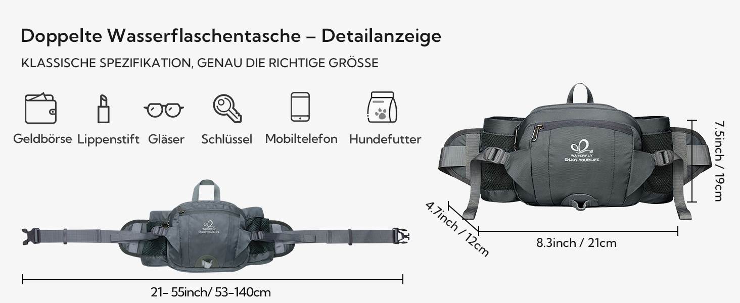 Водонепроникна поясна сумка Waterfly з тримачем для пляшки, регульованим ременем, кишенею для телефону, для туризму, подорожей, кемпінгу, чорна