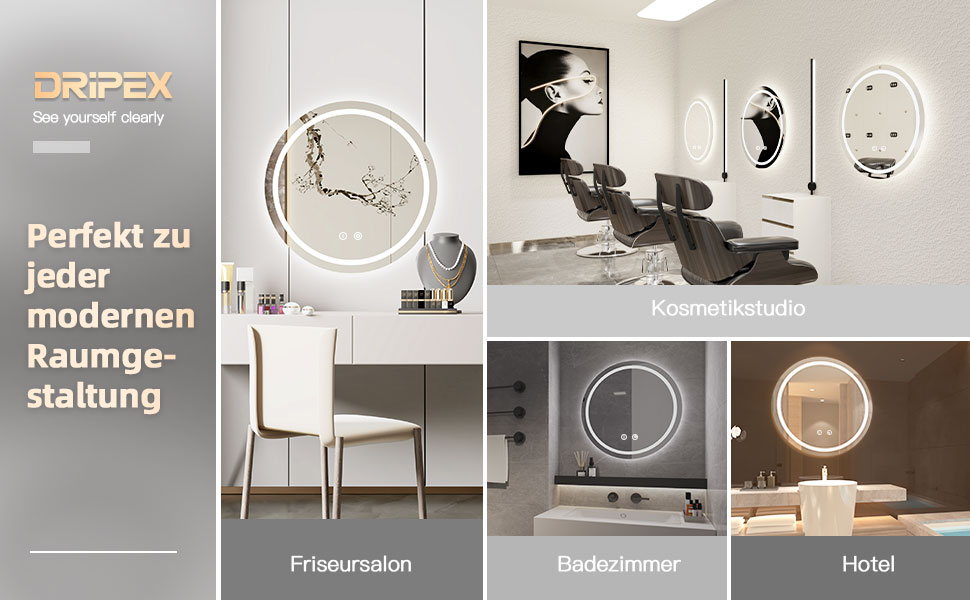 Дзеркало для ванної кімнати Dripex круглої форми з підсвічуванням LED, сенсорне керування, регулювання яскравості, 3 кольори світла, запобігання запотіванню, 60x60 см