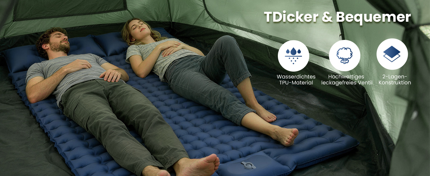 Надувний килимок для кемпінгу LAMA Doppel 200x140x10 см для двох осіб з помпою та подушкою, блакитний