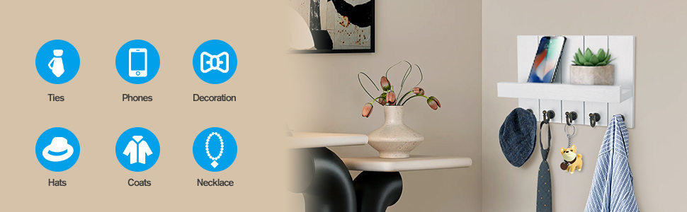 Дерев'яне ключниця з поличкою, 5 гачків, для прихожої, спальні, вітальні, білий колір