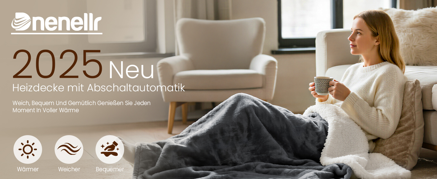 Електрична ковдра Dnenellr XXL 200x180 см з автоматичним вимкненням, 6 режимів нагріву, захист від перегріву, пральна, для ліжка та дивана