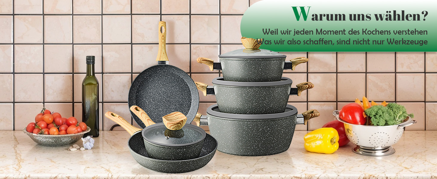 Набір каструль та сковорідок для індукційної плити: 12-ти частинний набір з гранітним антипригарним покриттям, без PFOA та PFOS, ідеальний для початківців та професійних кухарів (чорний)