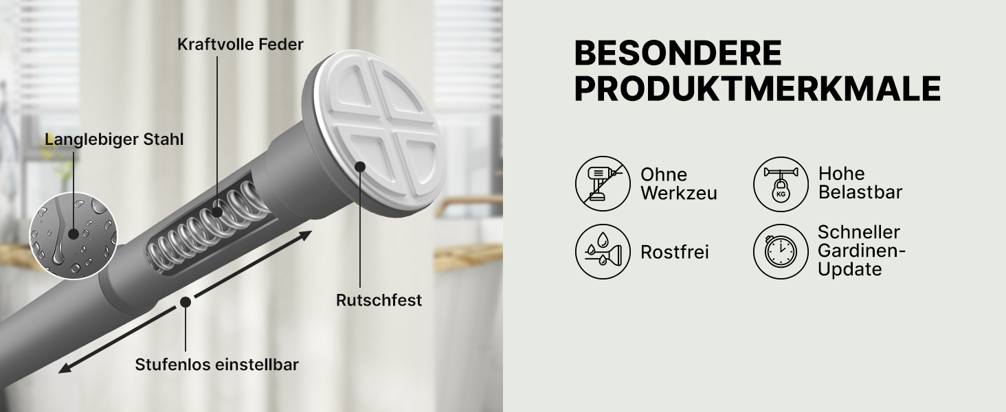 Штанга для карнизів без свердління, Ø 25 мм - телескопічна штанга для штори, душова штанга, кріпиться без свердління, для вікон, перегородок, кухні (70-120 см, 90-160 см, сіра)