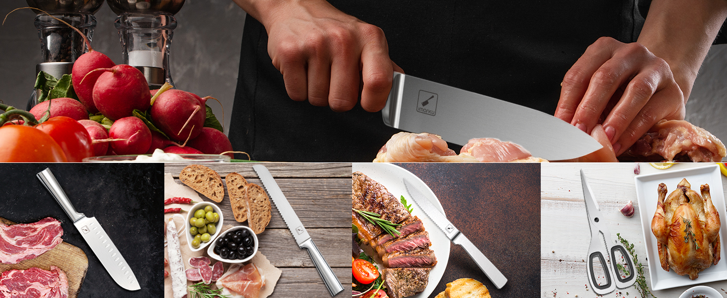 IMARKU 15-Piece Japanese Stainless Steel Knife Set with Block - Professional Kitchen Knife Set with Sharpener & Cleaning Block