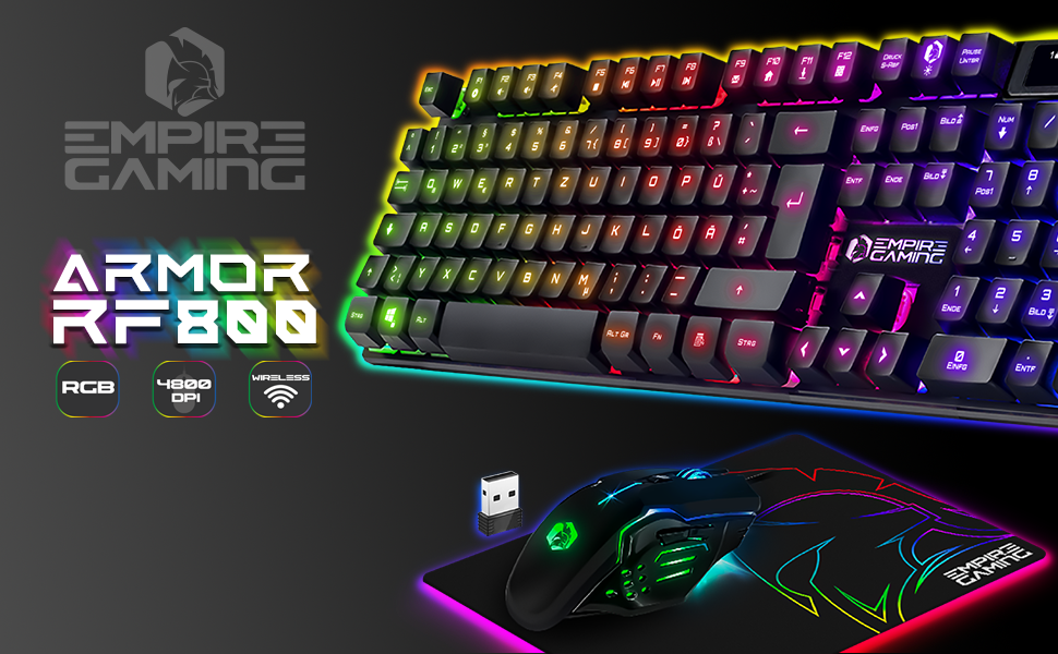 Бездротовий ігровий комплект клавіатури та миші EMPIRE GAMING Armor RF800 - RGB підсвітка, 4800 DPI, QWERTZ (DE), сумісний з PC, PS4, PS5, Xbox, Mac (білий)