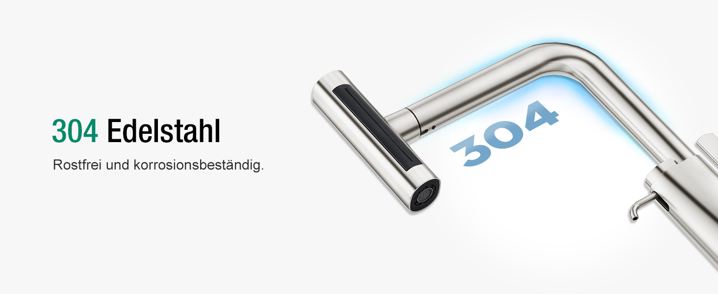 Змішувач для кухні CREA Wasserfall з висувною лійкою, нержавіюча сталь, з дозатором мила, поворотний на 360°, 4 режими струменя, водоспадний ефект