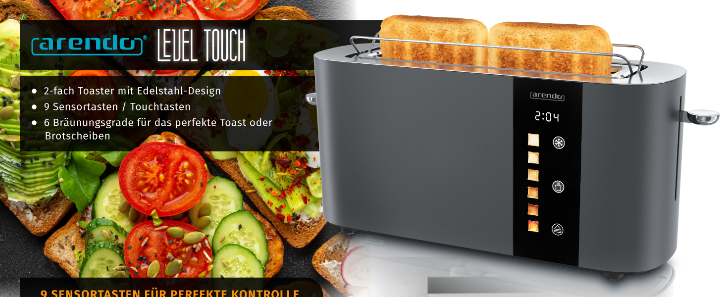 Тостер Arendo з нержавіючої сталі, 2 відділення, довгий проріз, сенсорний дисплей, подвійні стінки, насадка для тостів, 6 ступенів підсмажування, центрування хліба, індикатор часу, функція пам'яті, чорний (B: Cool Grey)