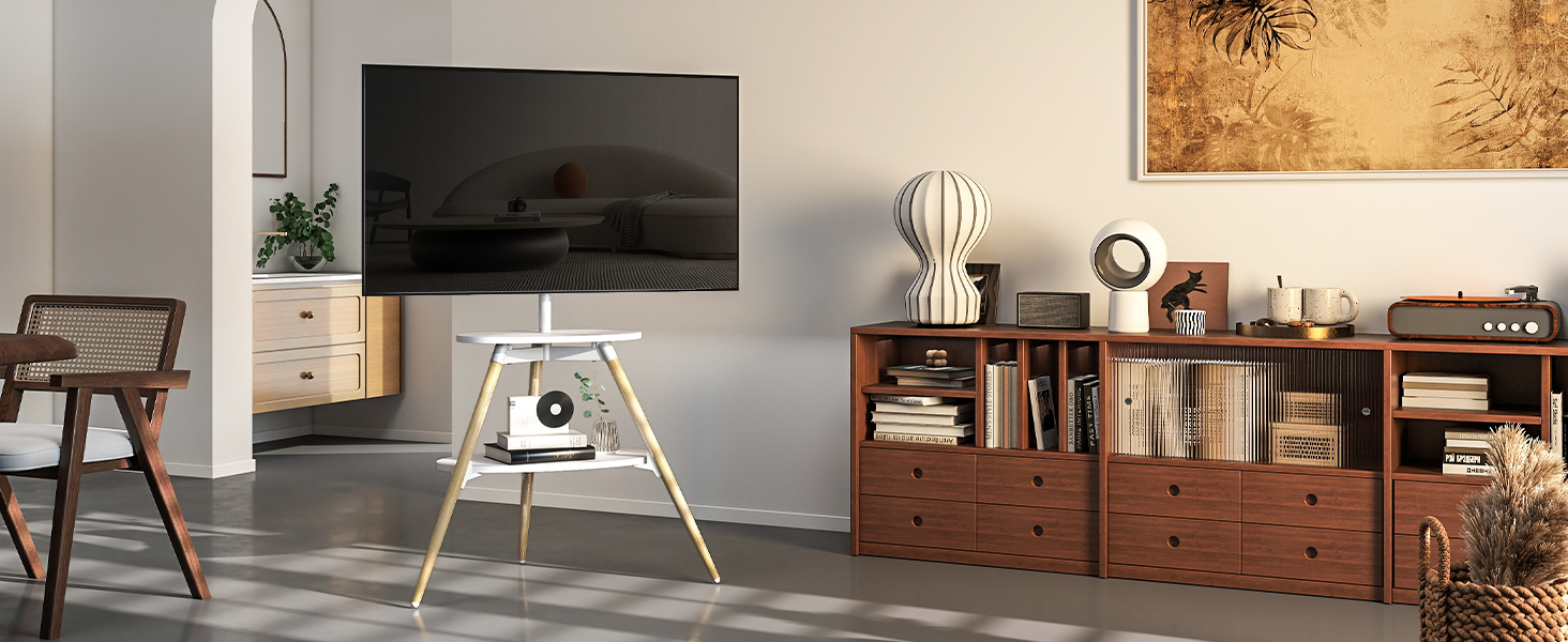 Підставка для телевізора 5Rcom Weiß з 2 полицями 32-65 дюймів, дерев'яна, поворотна, регульована по висоті, VESA 400x400, до 40 кг