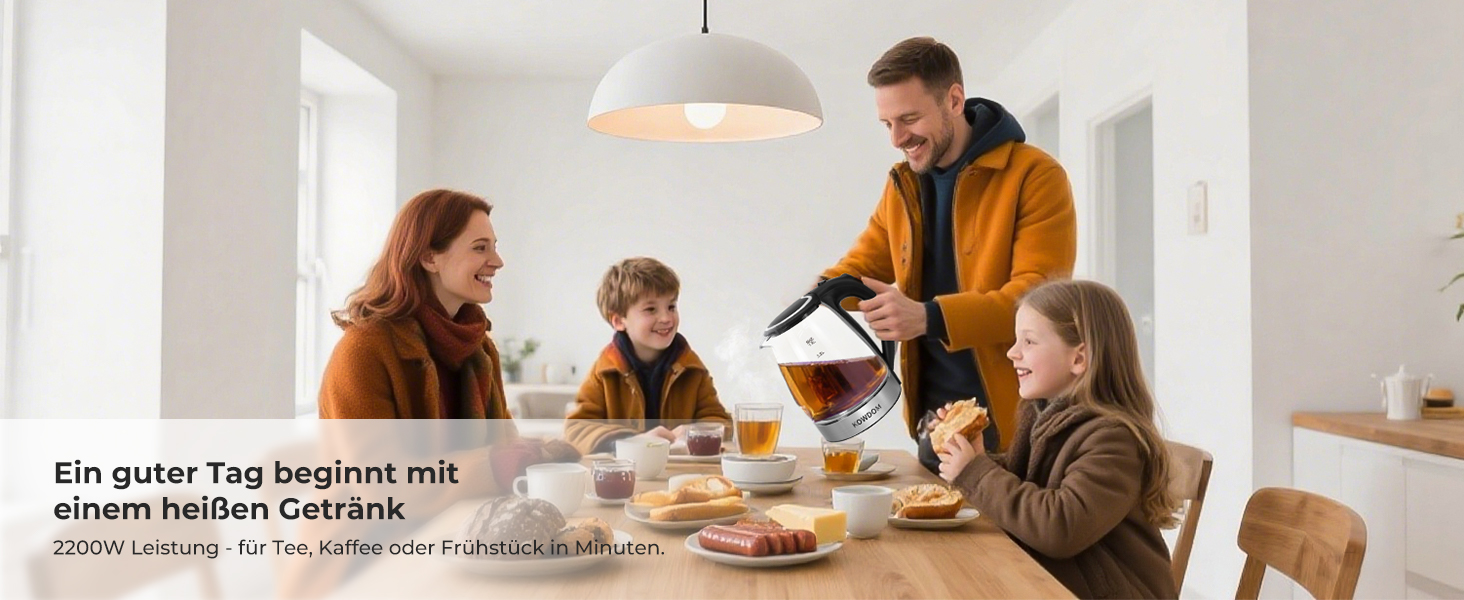 Електричний чайник Kowdom 1.8L з боросилікатного скла, BPA-free, 2200W, швидкий нагрів, автовимкнення та захист від сухого кипіння, чорний