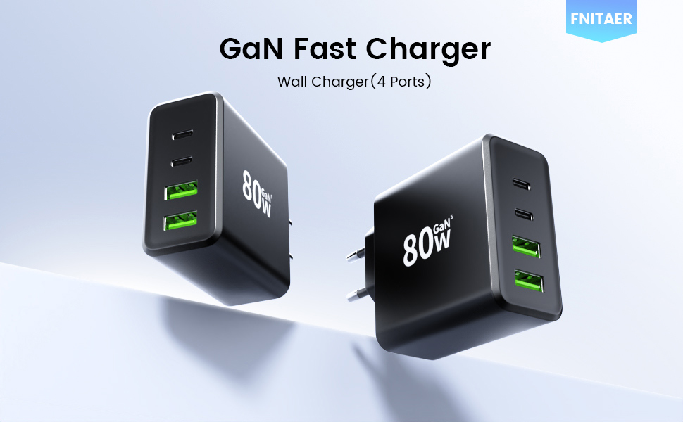 Мережевий зарядний пристрій USB C, 2 шт. 80W, 4 порти USB, швидка зарядка, адаптер для смартфонів, iPad, навушників, чорний