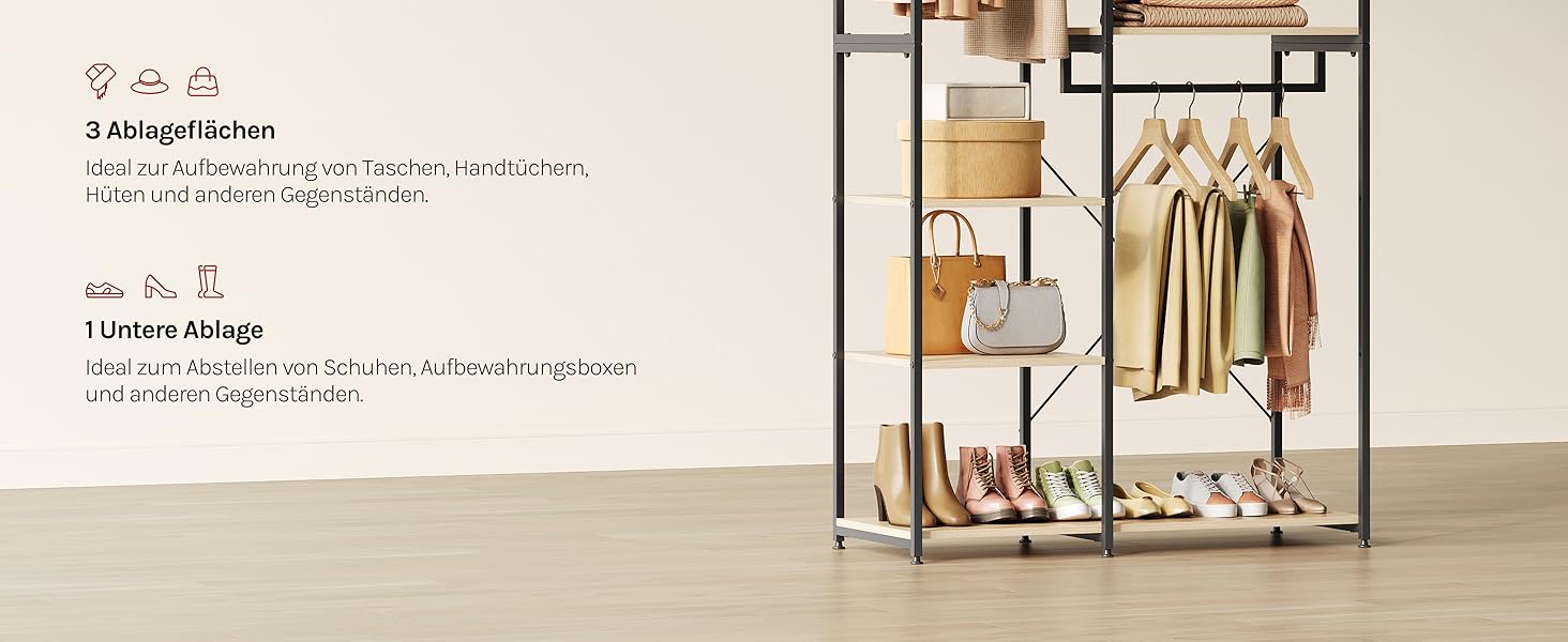 Вільна вішалка для одягу WOLTU з полицею, для спальні/коридору, стабільна, з дерева та металу, білий + світлий дуб (чорний + світлий дуб)