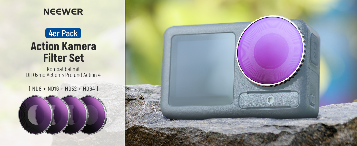 Набір фільтрів NEEWER CPL & ND для DJI Osmo Action 4/Action 5 Pro (4 шт.): поляризаційний фільтр CPL + ND8 + ND16 + ND32, аксесуари для екшн-камери, багатошарове покриття, FL-A12 (ND8/ND16/ND32/ND64)