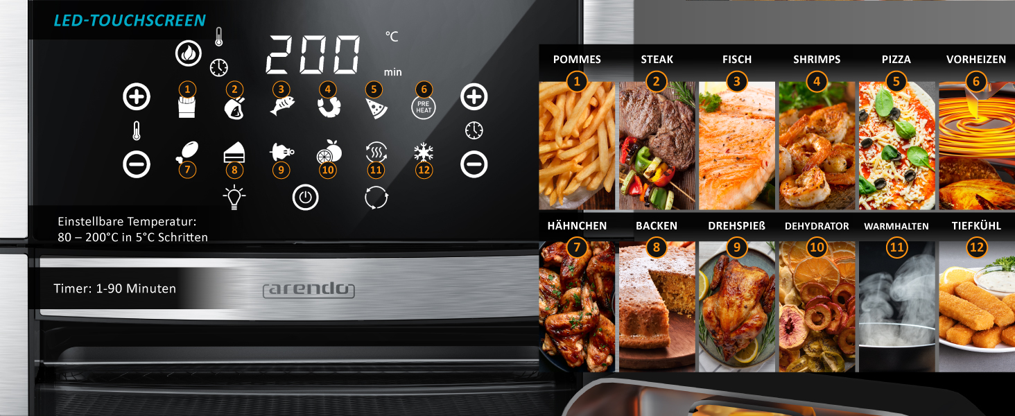 Фритюрниця Arendo XXL 16 літрів: духовка, гриль, сушарка, Air Fryer з сенсорним екраном EasyClean без олії. Ідеально для піци, курки та картоплі фрі. Без BPA.