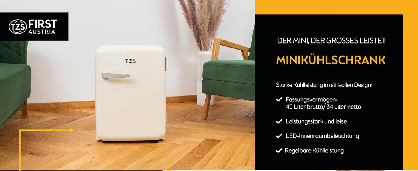 Міні-холодильник TZS First Austria 40L, безшумний, ретро-дизайн, LED, 40 літрів, кремовий
