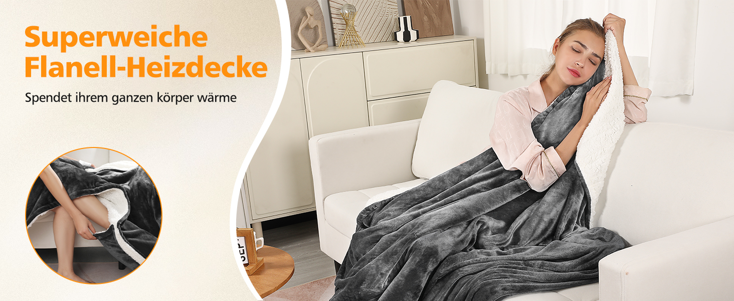 Електрична ковдра OneAmg з таймером та пультом, 155x180 см, 6 режимів нагріву, машинне прання, блакитна з кишенькою сірого кольору