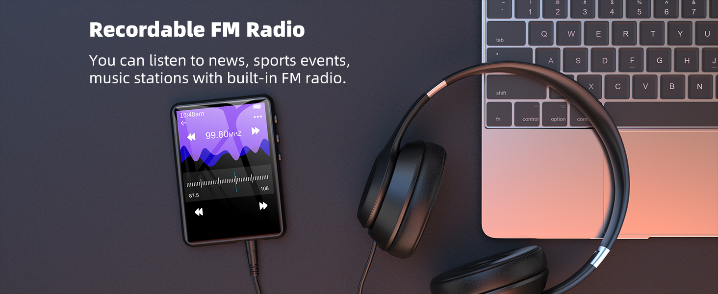 MP3-плеєр 64GB Bluetooth 5.3 з сенсорним екраном 2.4' та динаміком, запис голосу, FM-радіо, Line-in, для дітей, чорний