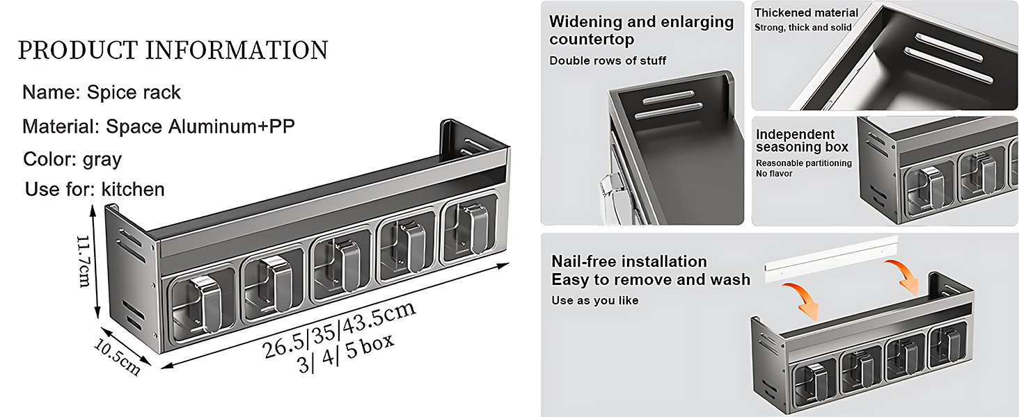 Стильна підставка для спецій з 5 сірими баночками: настільна, настінна, без свердління