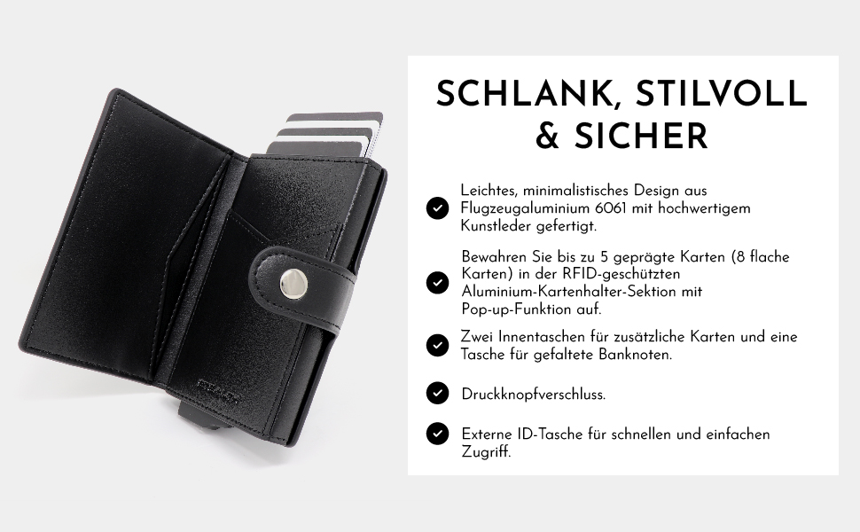 Гаманець чоловічий RFID Stealth Wallet - мінімалістичний висувний картхолдер з алюмінію та шкіри (чорний). Захист від сканування карт