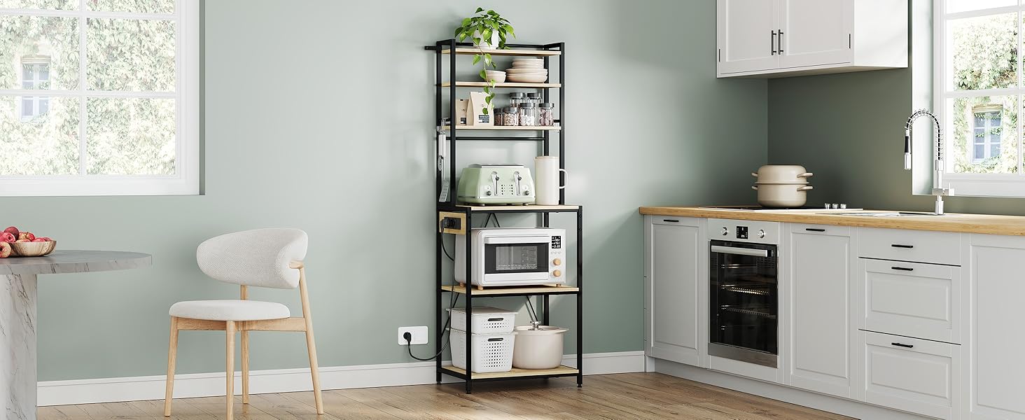 Кухонна полиця WOLTU з 6 ярусами, з розетками, для мікрохвильової печі, з металевим каркасом, регульовані полиці, Чорний+Рустикальний коричневий, 60 x 167 x 40 см