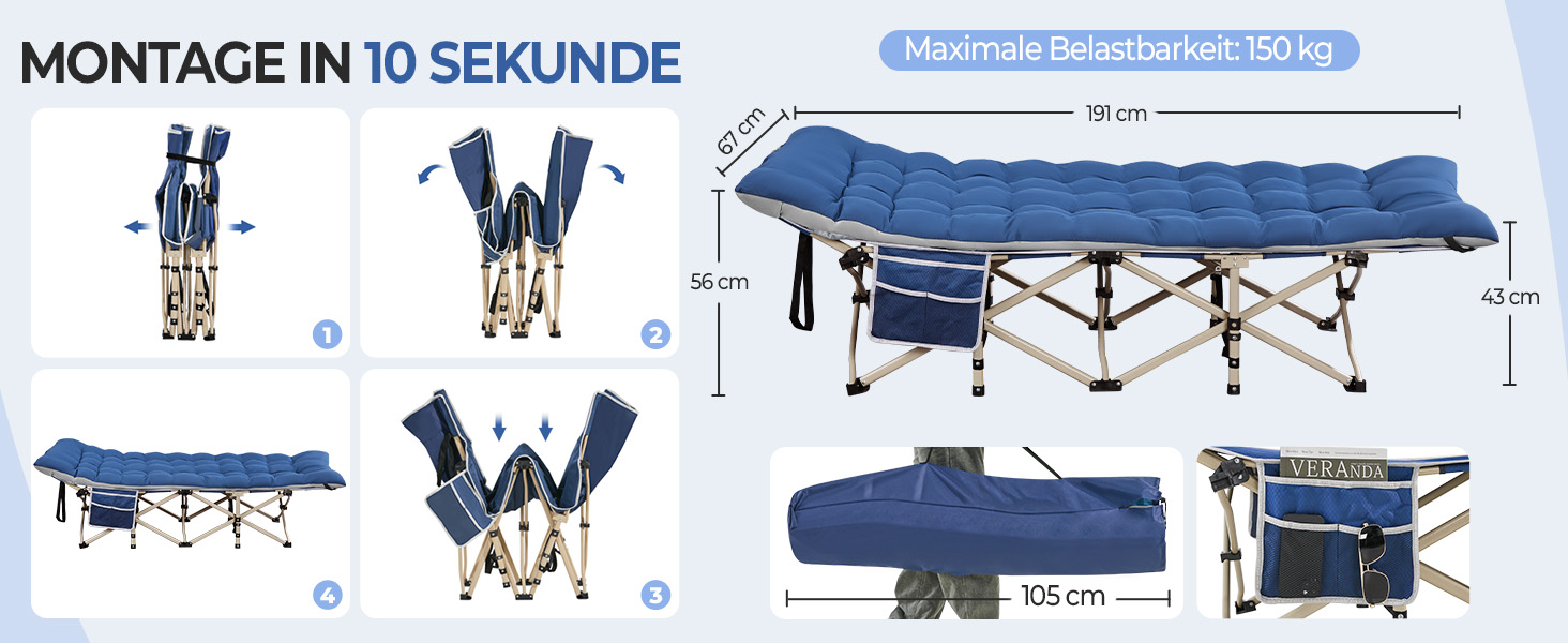 Ліжко складане Yaheetech з матрацом для кемпінгу, сіре, 191x67 см, до 150 кг - гостьове ліжко з сумкою та кишенями