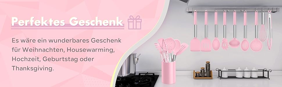 Набір кухонного приладдя Homikit 10 шт. силіконові, з нержавіючої сталі, рожевий - антипригарні, жаростійкі, для посудомийної машини