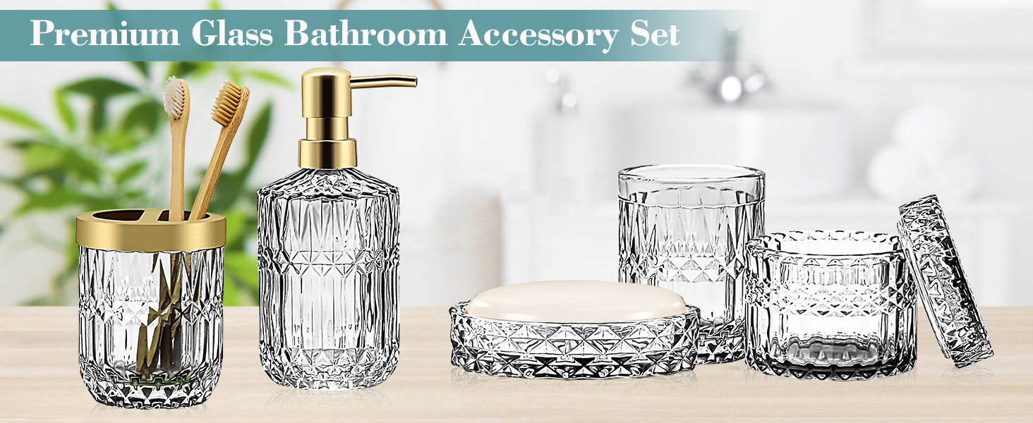 Набір аксесуарів для ванної кімнати 5 предметів: дозатор для мила та лосьйону, склянка для зубних щіток, стаканчик, мильниця та органайзер зі скла, прозорий, сучасний дизайн для ванної, кухні, косметичного столика, декор