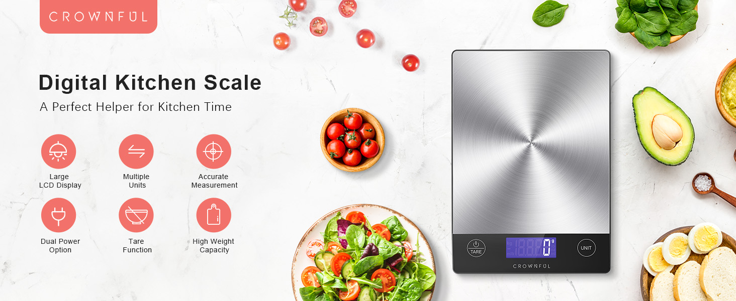 Кухонні ваги CROWNFUL з підзарядкою, до 15 кг, цифровий дисплей LCD, нержавіюча сталь 304, для приготування їжі та випічки
