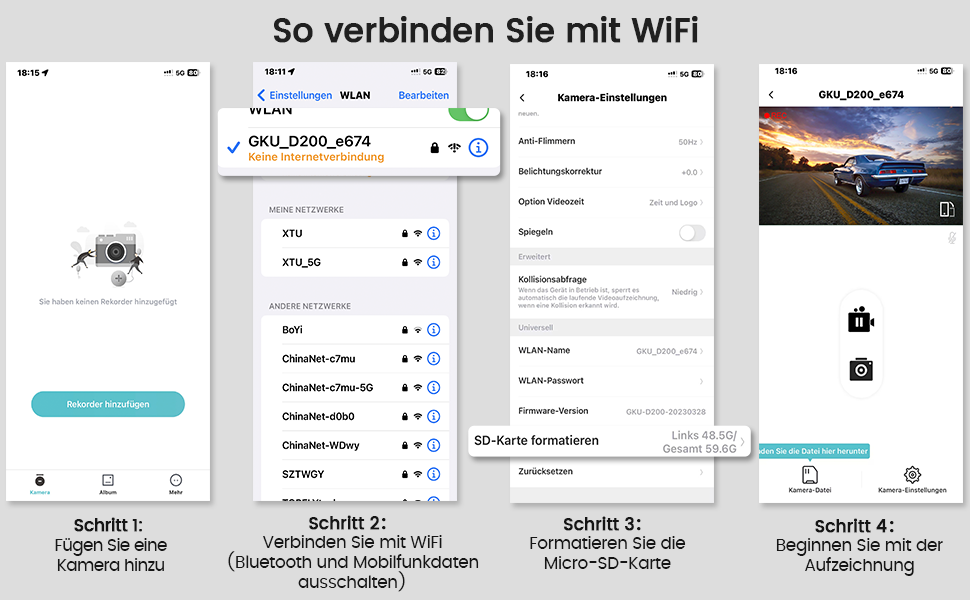 Відеореєстратор GKU Dashcam Auto: 2.5K, 1600P, WiFi, 170° Кут огляду, Mini, WDR, Нічне бачення, G-сенсор, Паркування, Loop, App, 256GB