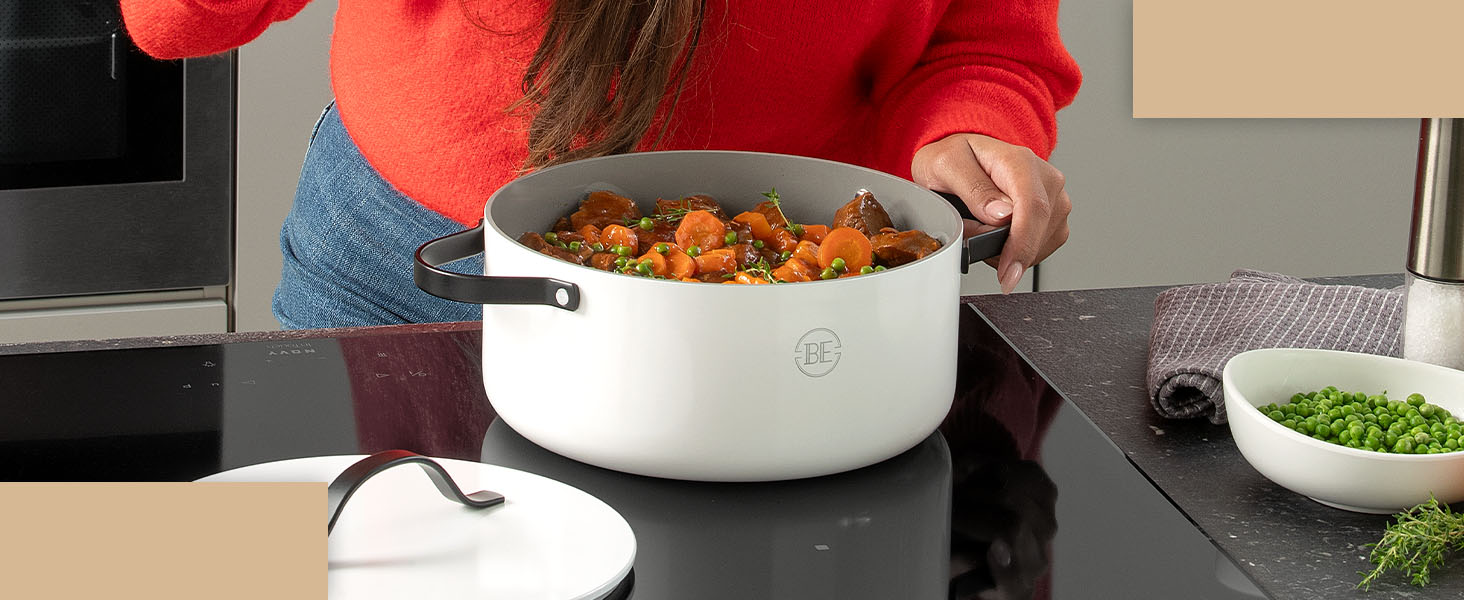 Каструля Be Living Essential з кришкою, 24 см, 7 літрів, антипригарне покриття Keramik, для індукційних плит, без PTFE та PFOA, сіра