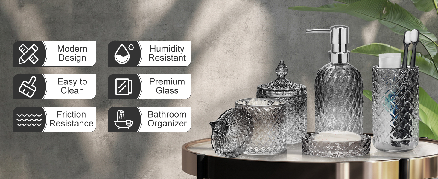 Набір аксесуарів для ванної кімнати зі скла (5 шт.) - чорний: мильниця, диспенсер для мила, тримач для зубних щіток, контейнер для ватних паличок, стакан
