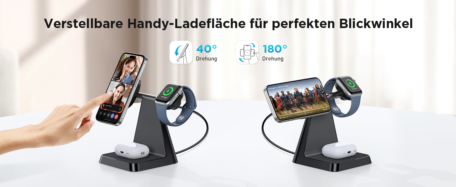 Бездротовий зарядний пристрій MagSafe 3-в-1 для iPhone: зарядка для Apple Watch та AirPods, сумісний з iPhone 16/15/14/13/12 (Білий/Чорний)