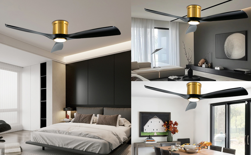 Сучасний стельовий вентилятор 132 см з підсвічуванням та пультом керування, тихий DC-двигун, сумісний з Alexa/Google Home (чорне золото)